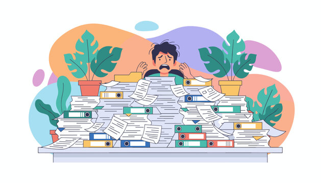 Overwhelmed employee buried under huge piles of paperwork representing burnout stress and administration