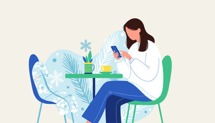 Woman using smartphone at an outdoor cafe in a stylized winter scene Flat vector illustration