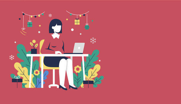 Professional woman working on a laptop in a festive decorated office setting