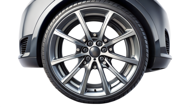 Close up of a modern car wheel with intricate spoke design isolated on transparent background - Powered by Adobe