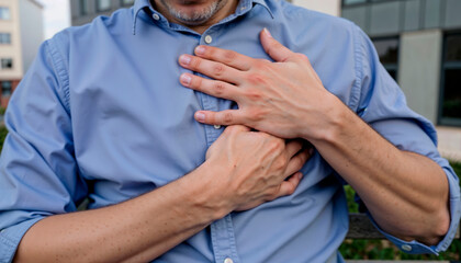 Chest pain is never a good sign. A man feels sick on the street, holding his chest, experiencing discomfort due to pain