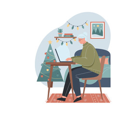 Senior woman working on laptop at home near Christmas tree Remote work cozy holidays