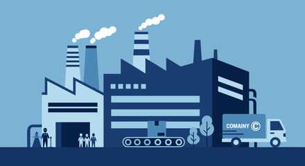 Obraz premium Manufacturing factory illustration with workers production line smokestacks and delivery truck