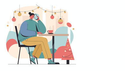 Cozy person talking on smartphone enjoying coffee in a festive winter cafe