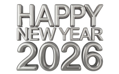 Shiny Silver 3D Text Happy New Year 2026 on Transparent Background isolate on transparent background