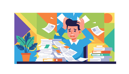 Businessman stressed by mountains of paperwork deadlines and office chaos