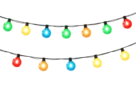 Christmas lights string PNG, glowing colorful bulbs, transparent background, perfect for overlays and decorations