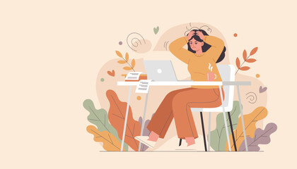 Stressed woman holding her head at a desk with a laptop frustrated by work or financial problems