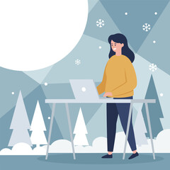 Smiling woman working on laptop outside in winter landscape Remote work concept