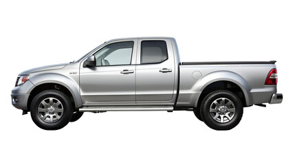 Obraz premium Silver pickup truck isolated on transparent background viewed from the side profile angle