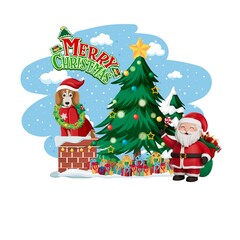 Merry Christmas text logo with Christmas tree and cute dogs, Cheerful Santa Claus Character with Gifts
