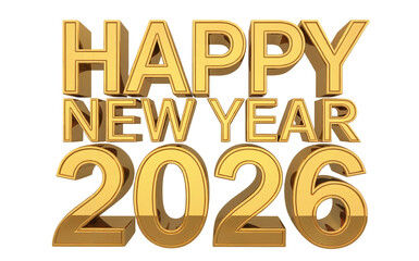 Shiny Gold 3D Text Happy New Year 2026 on Black Background Keywords: happy isolate on transparent background