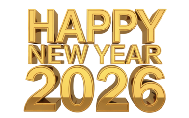 Shiny Gold 3D Text Happy New Year 2026 on Black Background Keywords: happy isolate on transparent background