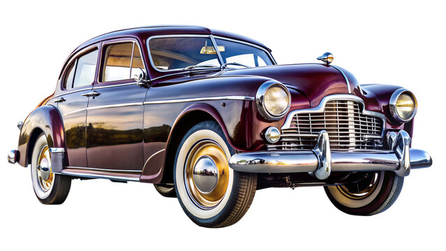 Vintage maroon car isolated on transparent background, a classic automobile with chrome accents