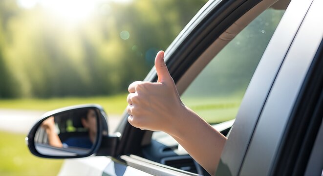 Hand giving thumbs up gesture from car window with sunlight