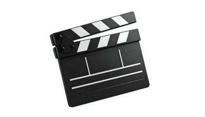 A classic movie production clapperboard, black, with white stripes, isolated on black background