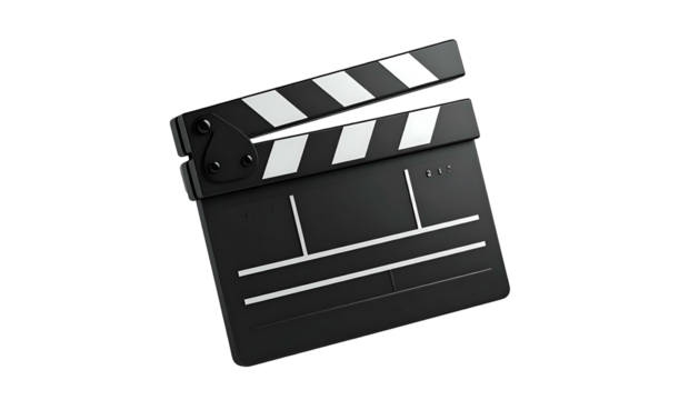 A classic movie production clapperboard, black, with white stripes, isolated on black background