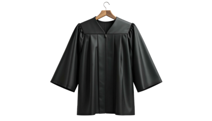 Studio shot of a black judge's robe with wide sleeves hanging on a wooden hanger