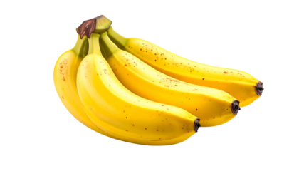 Cluster of ripe bananas, yellow with brown freckles, set against a transparent background
