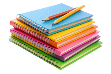 Stack of colorful notebooks with pencils isolated on transparent background, representing education