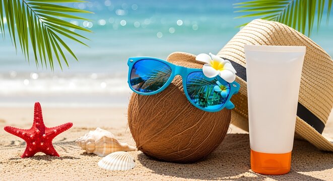 Tropical beach vacation essentials coconut sunglasses sunscreen hat