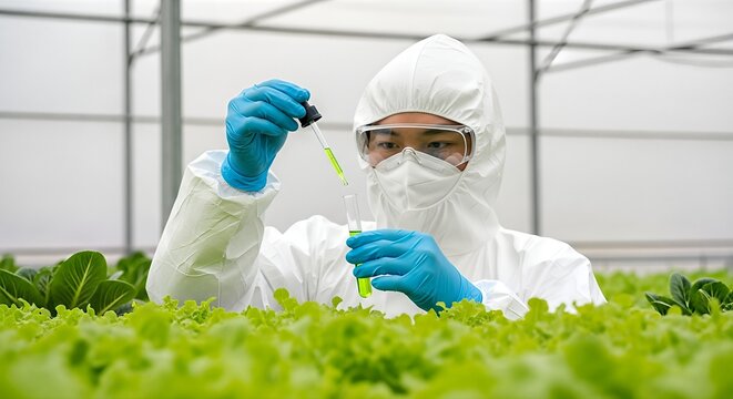 Scientist conducting research with liquid in greenhouse