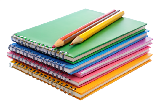 Stack of colorful spiral notebooks with pencils isolated on transparent background for school