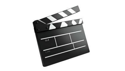 A tilted clapperboard, black and white, against a black background