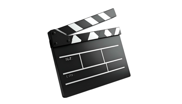A tilted clapperboard, black and white, against a black background