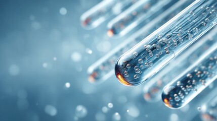 Bubbles rising in clear liquid inside test tubes in a modern laboratory setting during daylight