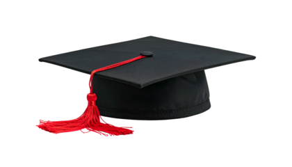 Classic black graduation cap with red tassel against a transparent background