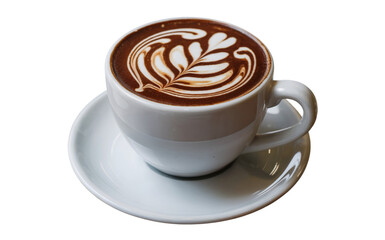 White Cup of Hot Chocolate with Latte Art on Saucer Keywords: hot isolate on transparent background