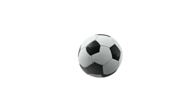 Isolated soccer ball, white and black panels, floating against a solid black background