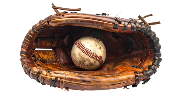 Close-up of worn leather baseball glove cradling a well-used, scuffed baseball