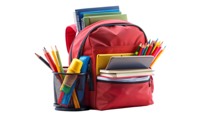 Red backpack filled with school supplies isolated on transparent background, ready for a new academic year