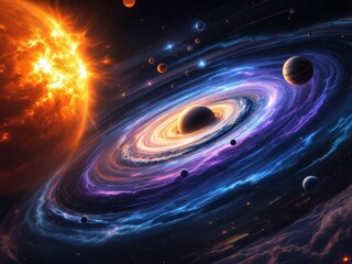 Fiery sun illuminating a vibrant spiral galaxy with multiple planets and celestial bodies in deep space