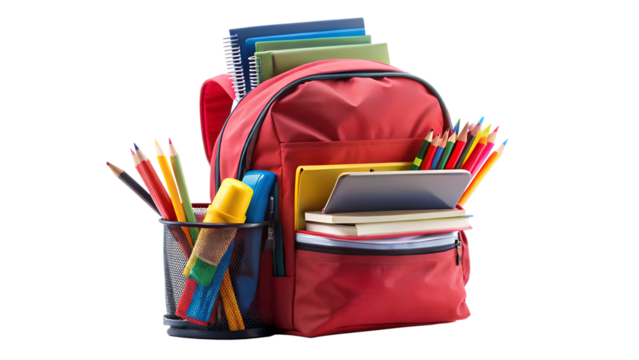 Red backpack filled with school supplies isolated on transparent background, ready for a new academic year - Powered by Adobe