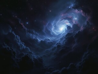 Deep space celestial vortex with dark blue clouds swirling towards a bright luminous core