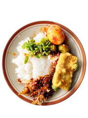 Traditional Spicy Indonesian Nasi Rames with Balado Eggs and Fried Anchovy Chili