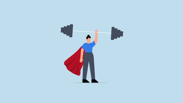 Woman strength powerful superhero, confidence powerful businesswoman superhero lifting heavy weight