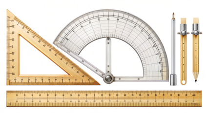 Geometry tools isolated on transparent background featuring ruler, protractor, triangle, and compass