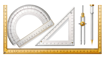 Geometry set isolated on transparent background featuring ruler, protractor, triangle, and compass