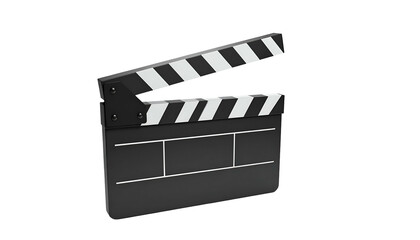 A 3D-rendered, black film production clapperboard with open clappersticks and a rectangular body