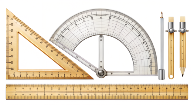 Geometry tools isolated on transparent background featuring ruler, protractor, triangle, and compass