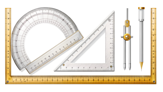 Geometry set isolated on transparent background featuring ruler, protractor, triangle, and compass