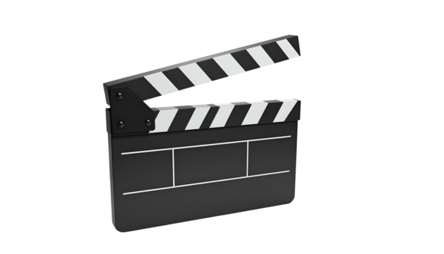 A 3D-rendered, black film production clapperboard with open clappersticks and a rectangular body
