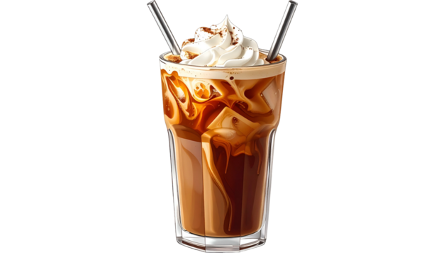 Iced coffee with caramel swirls, whipped cream, cocoa dusting, and metal straws