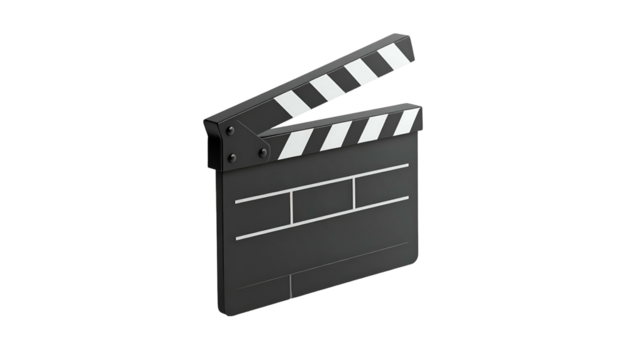 A stylized image of a black film clapperboard, slightly angled, on a stark black background