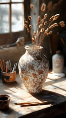 Exquisite Handcrafted Ceraic Vase Surrounded by Artit Tools in Sunlit Studio