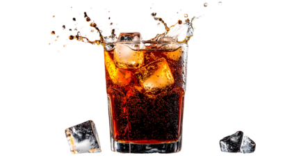 Refreshing drink in a glass with ice cubes, splash of liquid, on black background